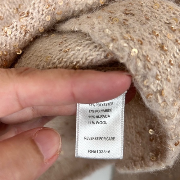 Garnet Hill vneck cropped sweater, M, brown & Gold Sequins wool Winter Party Fun - Picture 6 of 7